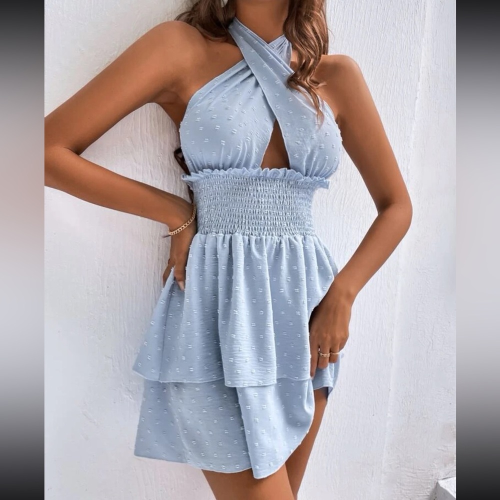 Baby Blue Swiss Dot Tie Backless Shirred Two Layer Hem Halter Dress
